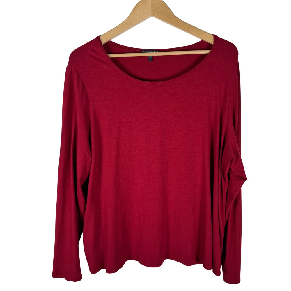 Eileen Fisher Scoop Neck Long Sleeve Top Womens 2X Red USA Made